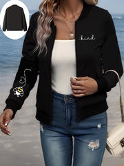 Women's Plus Size Black Bomber Jacket All-Season Zip-Up Casual Outerwear