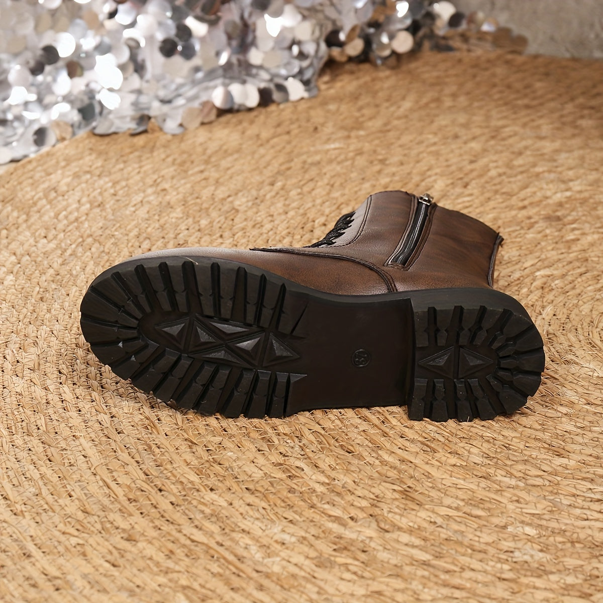 Women's Western Mid-Calf Boots Brown Synthetic Round Toe Zipper Chunky Heel