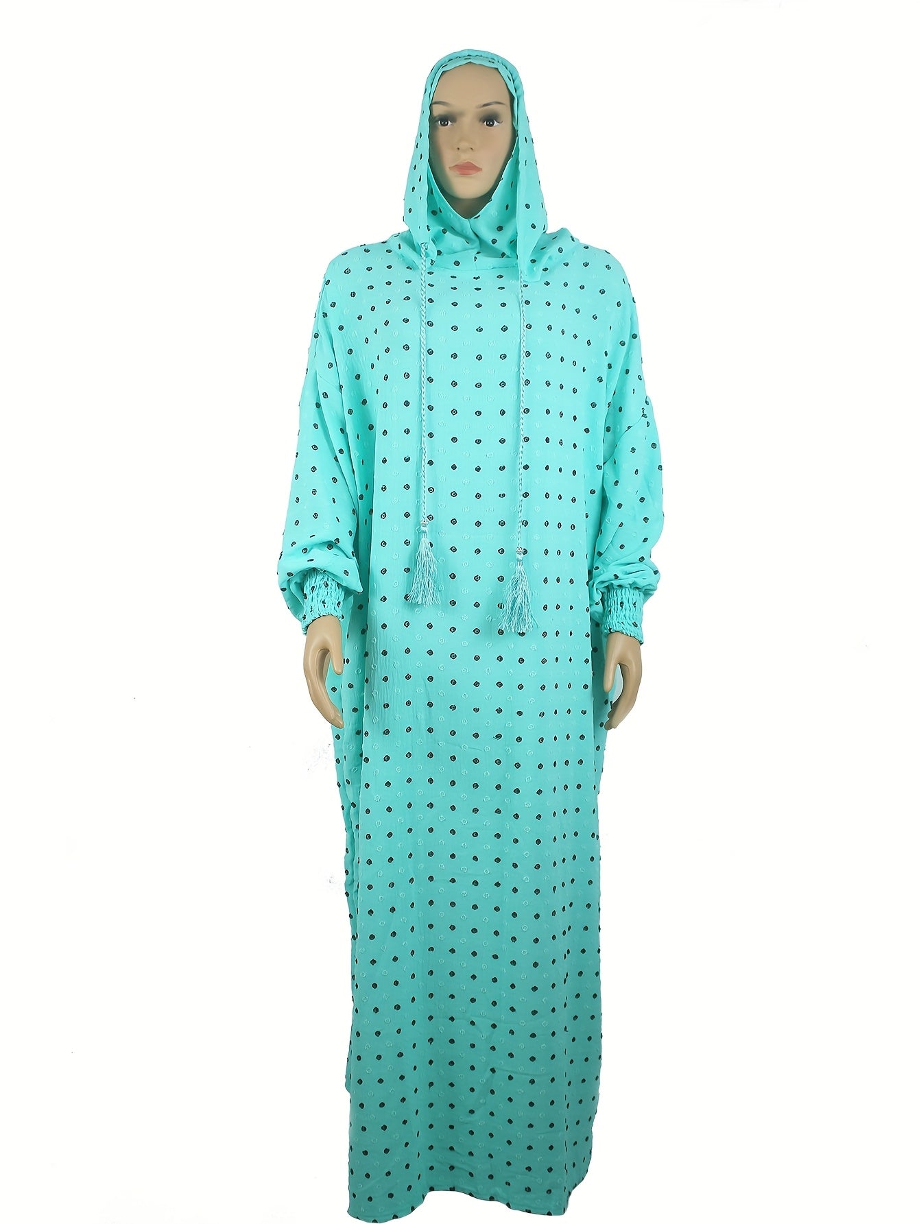 Plus Size Abaya with Hoodie Long Sleeve Polka Dot Casual Muslim Dress