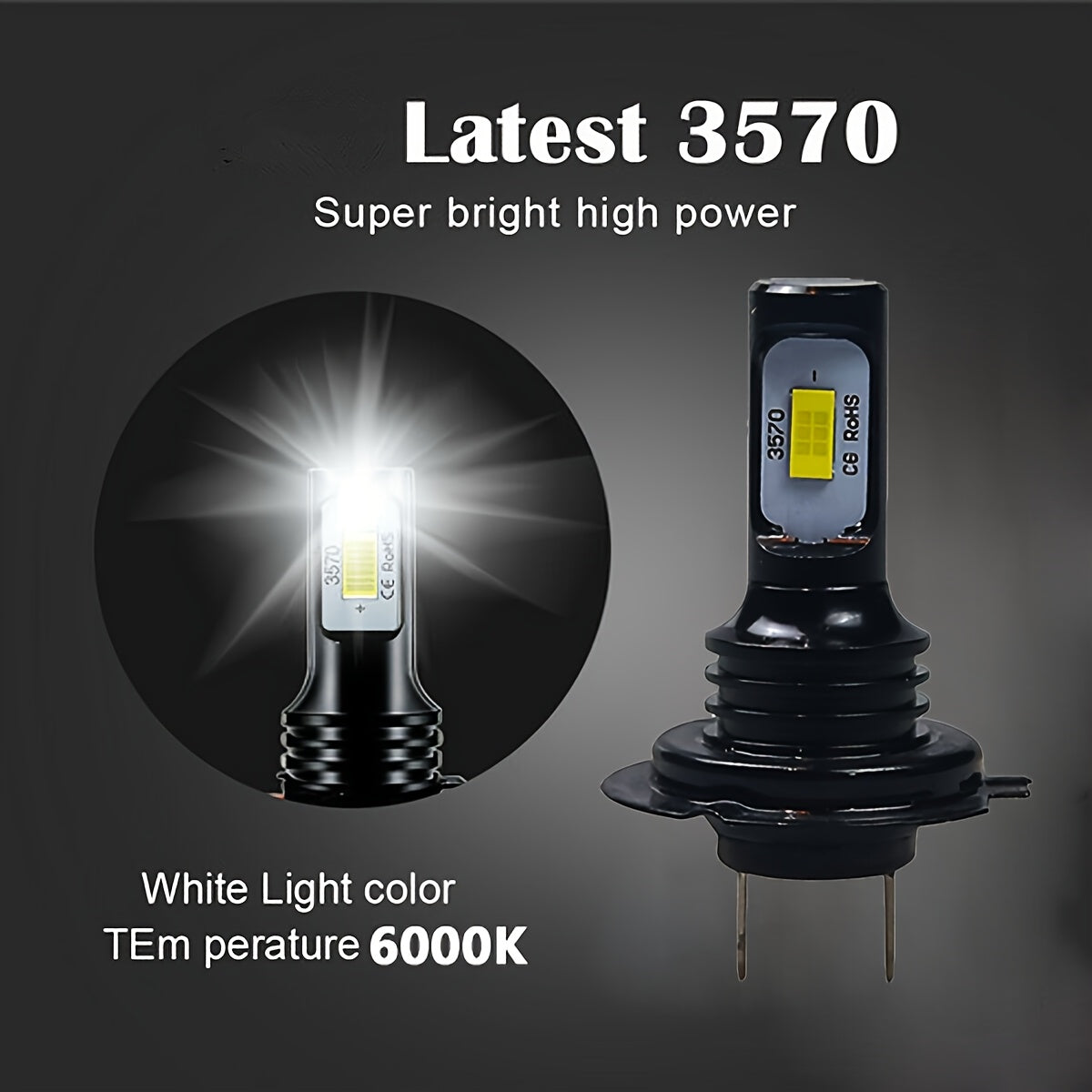 2 dona H7 LED farlar uchun avtomobil yuqori va past nur, tuman chiroqlari 6000K oq