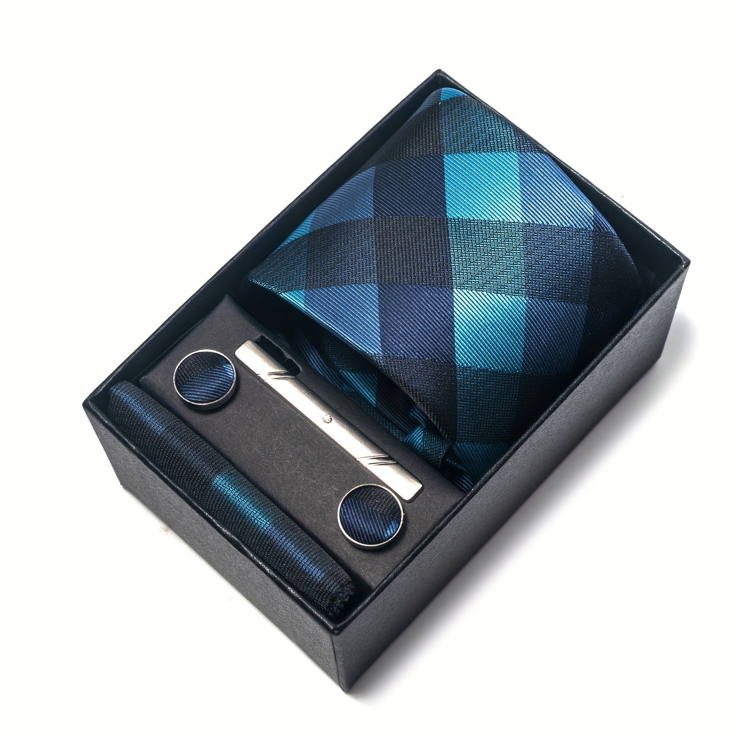 Men's Plaid Tie Set with Pocket Square Cufflinks and Tie Clip in Gift Box