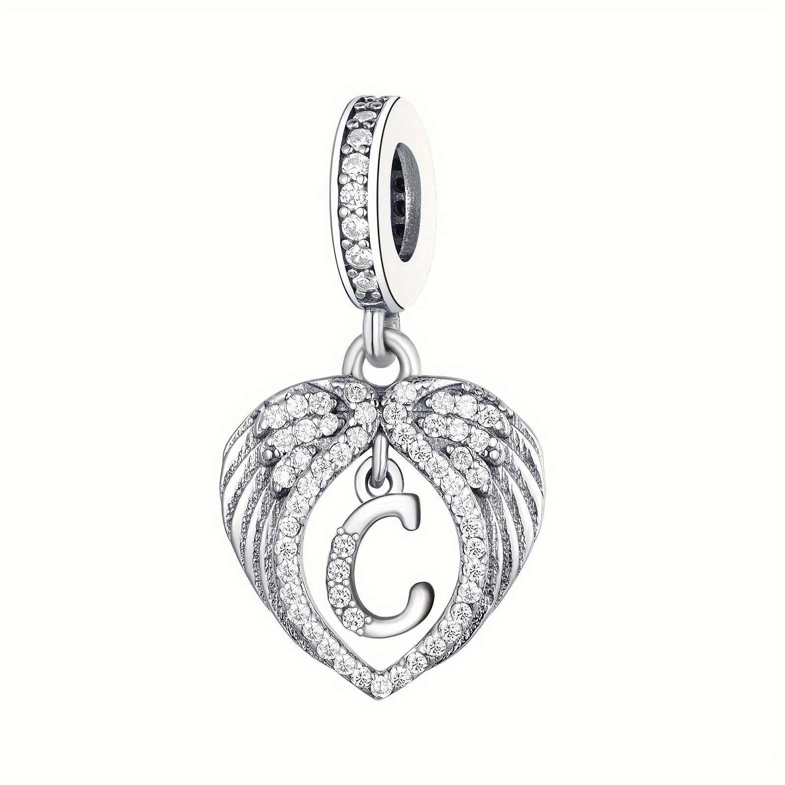 Sterling Silver Heart-Shaped Wing Pendant with Zircon Letter for DIY Jewelry