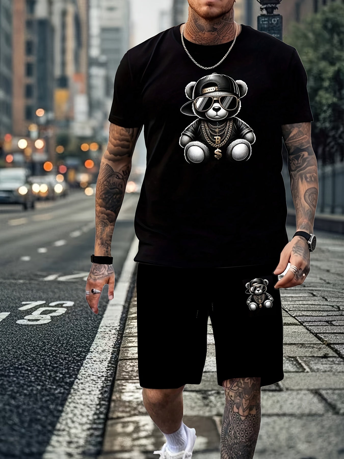 Men's Cartoon Bear Print Pajama Set Short Sleeve Shorts Knit Sleepwear All Seasons