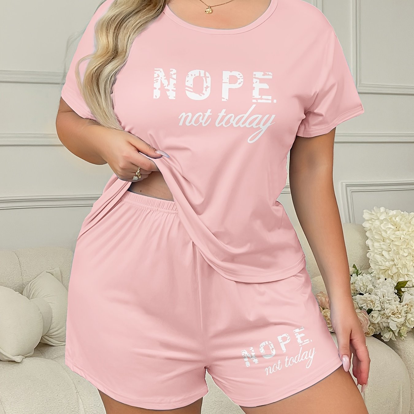 Plus Size Women's Loungewear Set Casual Slogan Print Short Sleeve Top and Elastic Shorts
