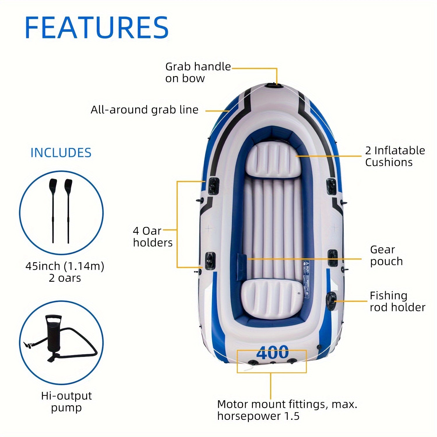 Inflatable Fishing Kayak with Rudder, PVC Construction, Deluxe Oars and Pump Blue