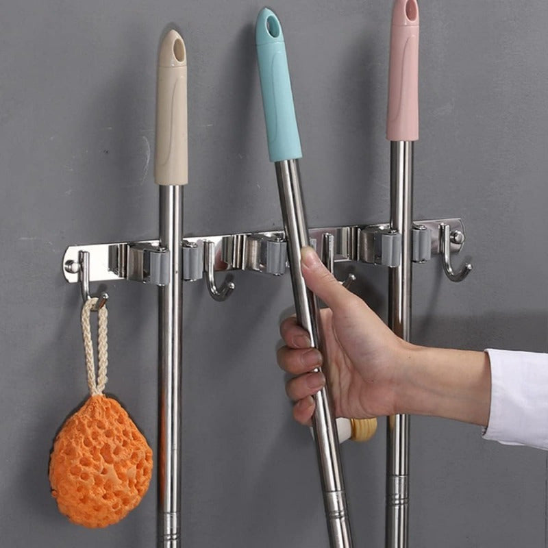 Wall-Mounted Mop and Broom Rack with 5 Clips 4 Hooks Stainless Steel