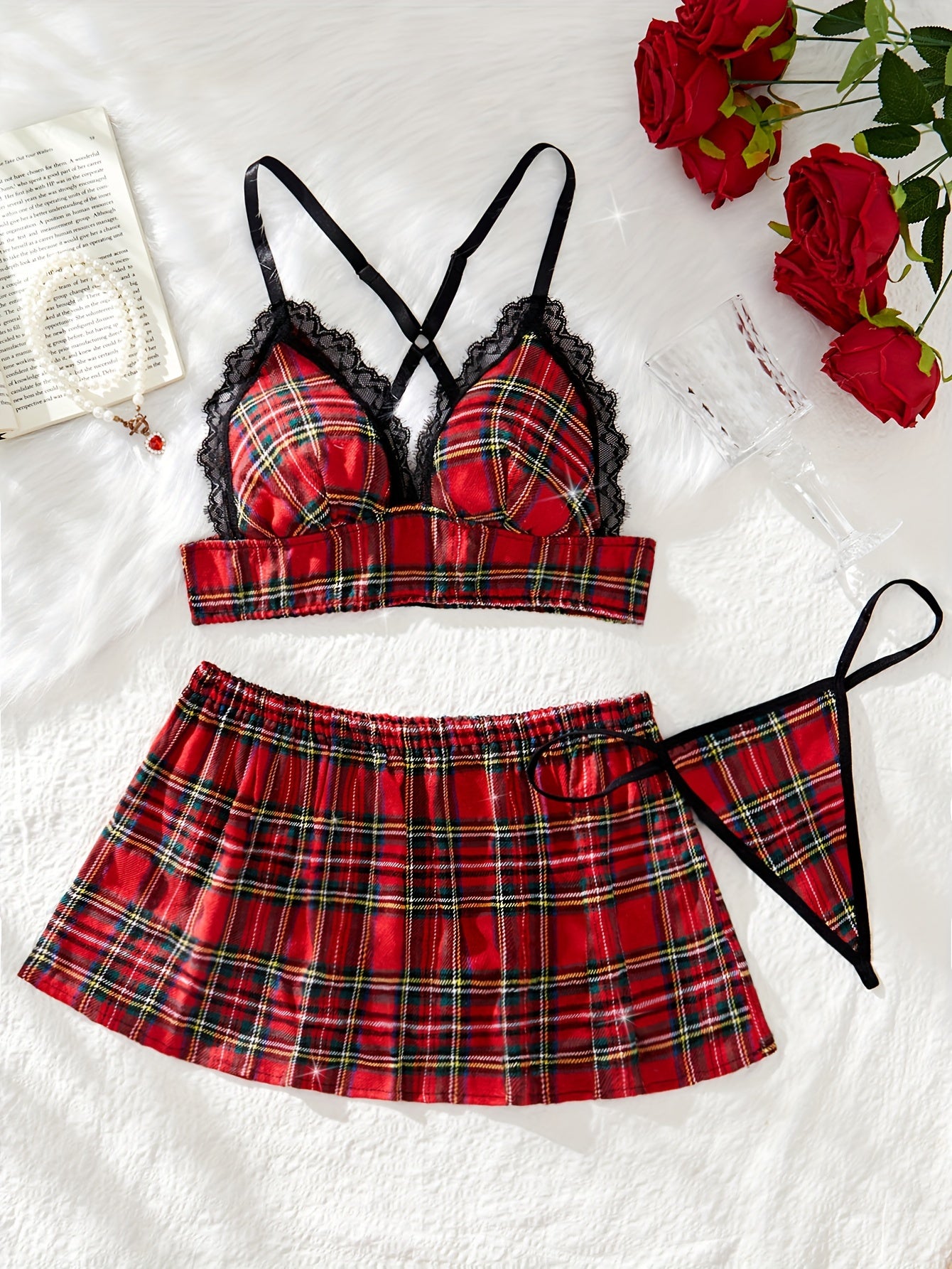 Women's Lingerie Set 3 Pieces Plaid Sexy Role Play Costume