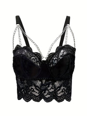 Women Red Floral Lace Chainmail Bra Adjustable Straps Opaque Nylon Polyester