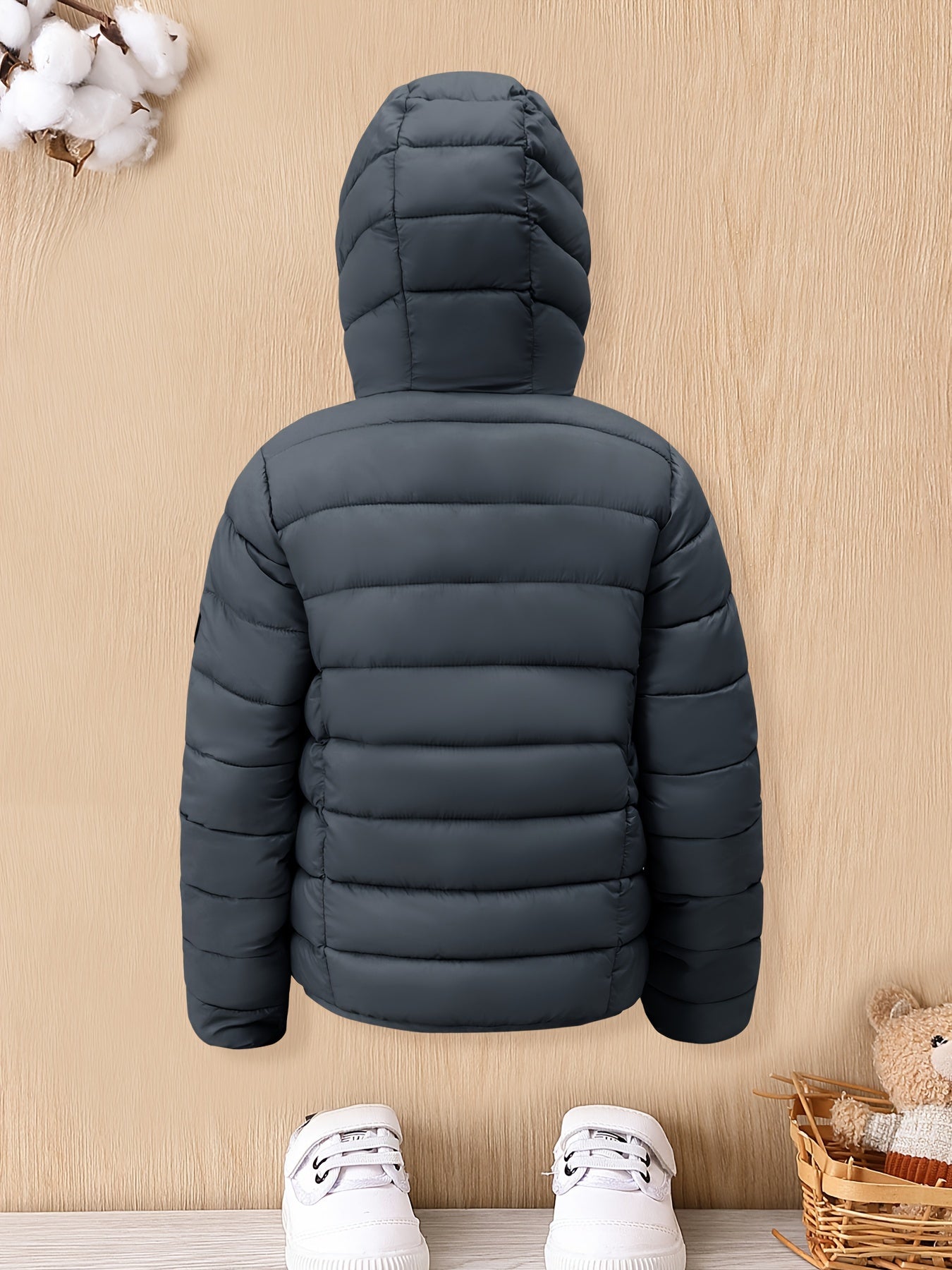 Boys Hooded Nylon Jacket Winter Cozy Zip-Up Coat Solid Color Over 3 Years