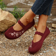 Women's Slip-On Low Heel Embroidered Floral Lace-Upless Walking Shoes