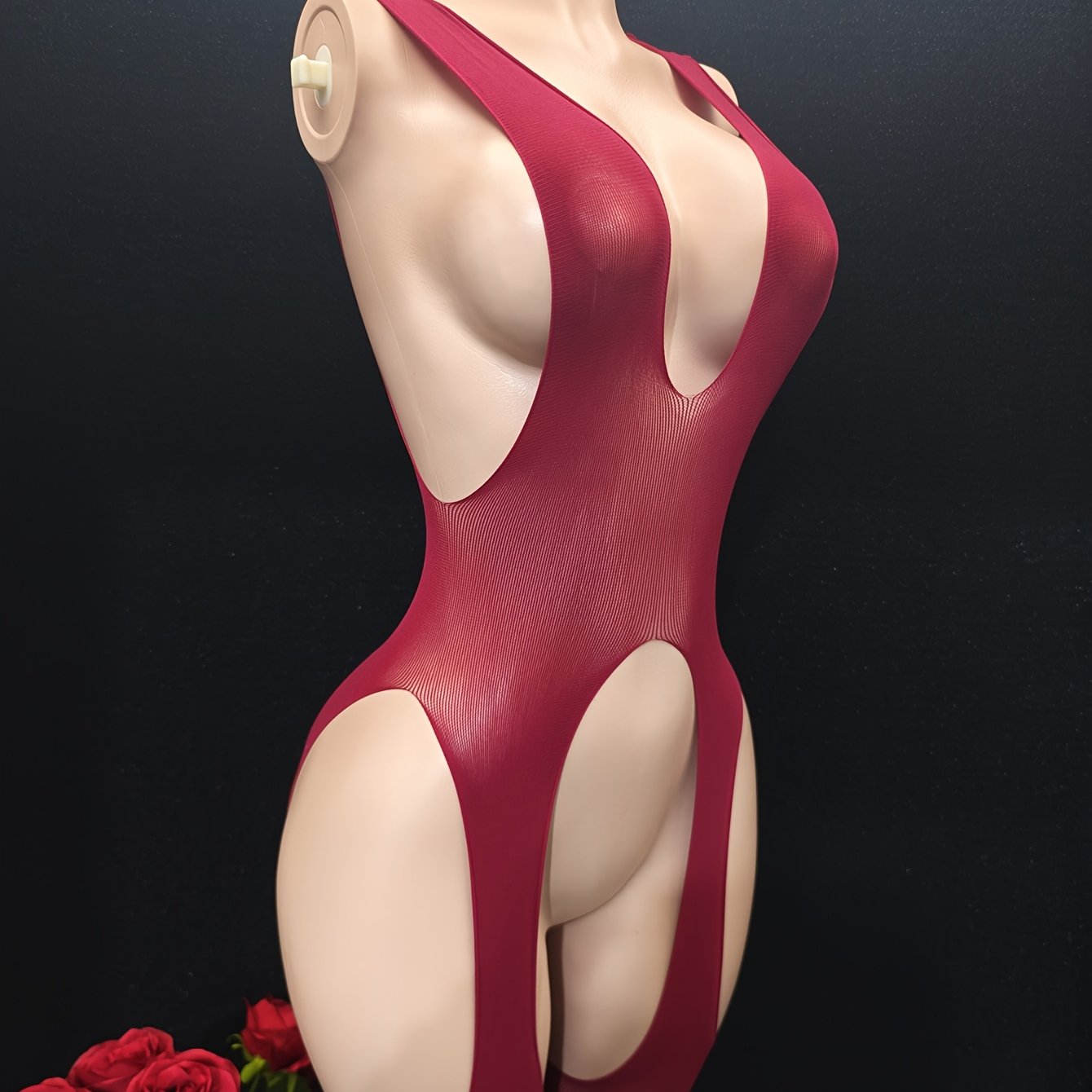 Боди для женщин больших размеров с красной нюдовой сеткой, сексуальное белье, открытая промежность