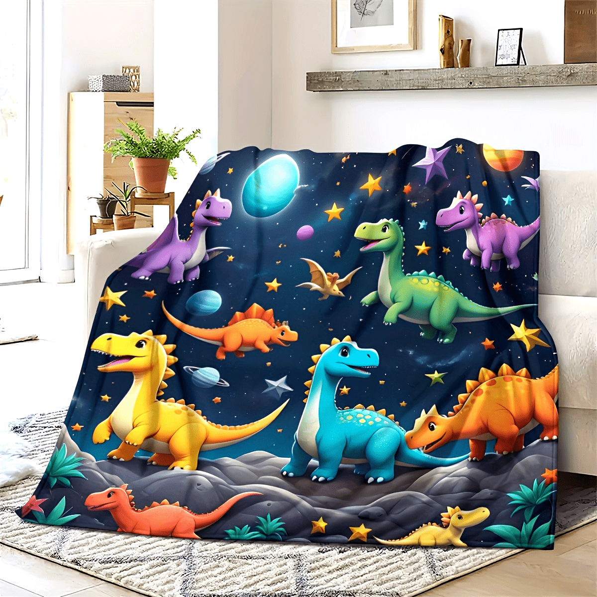 Cartoon Dinosaur and Star Print Flannel Blanket Soft Throw for Couch Bed Travel