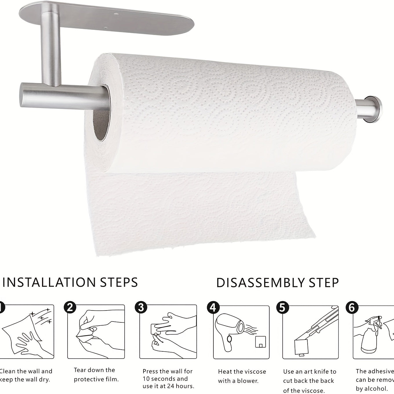 Держатель рулона салфеток из нержавеющей стали для кухни - самоклеящийся, крепление под шкафом - подходит для бумажных полотенец - в комплект входит клей и винт для безопасной установки