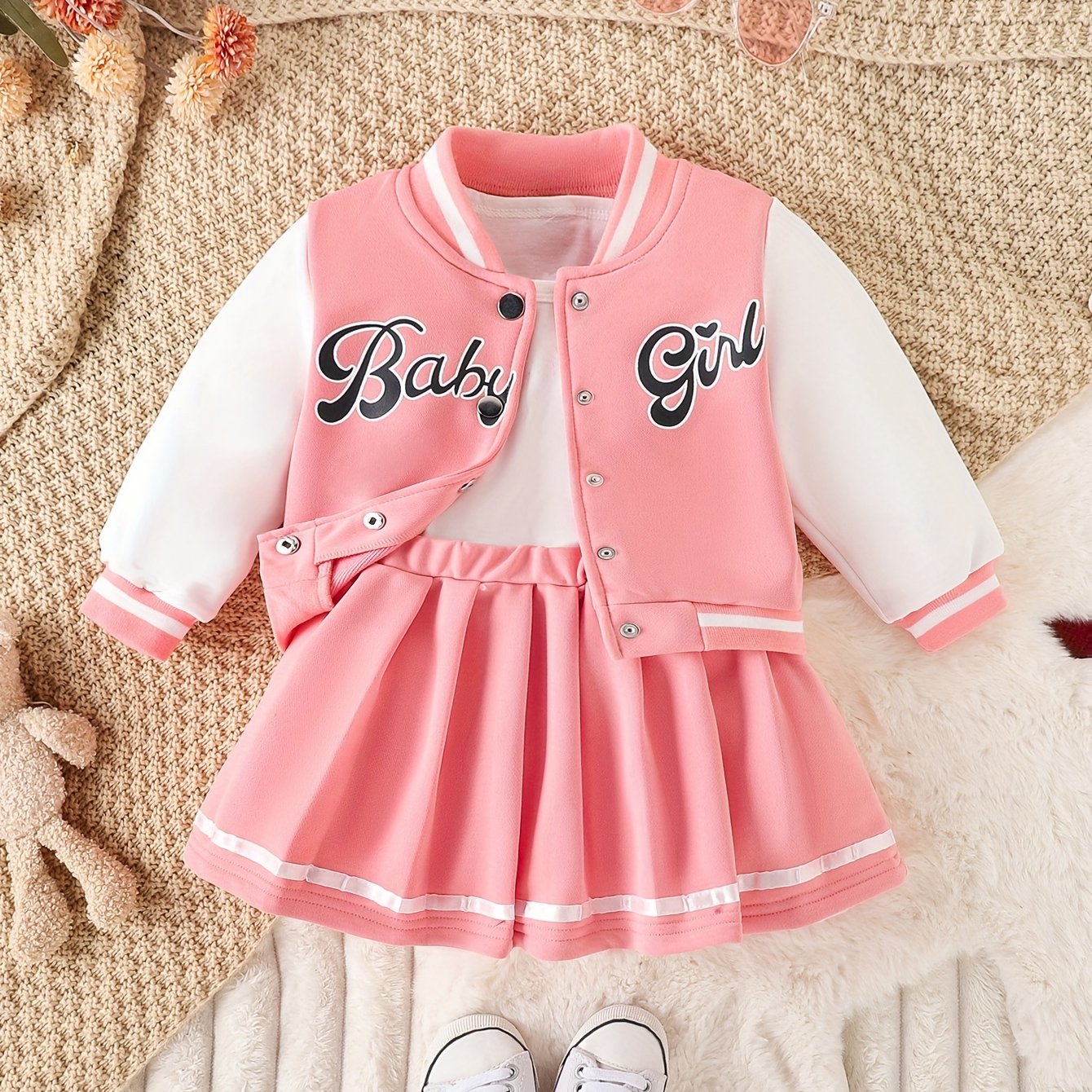 Girls Baby Girl 2-Piece Baseball Jacket and Pleated Skirt Set Fall Winter Cotton Blend