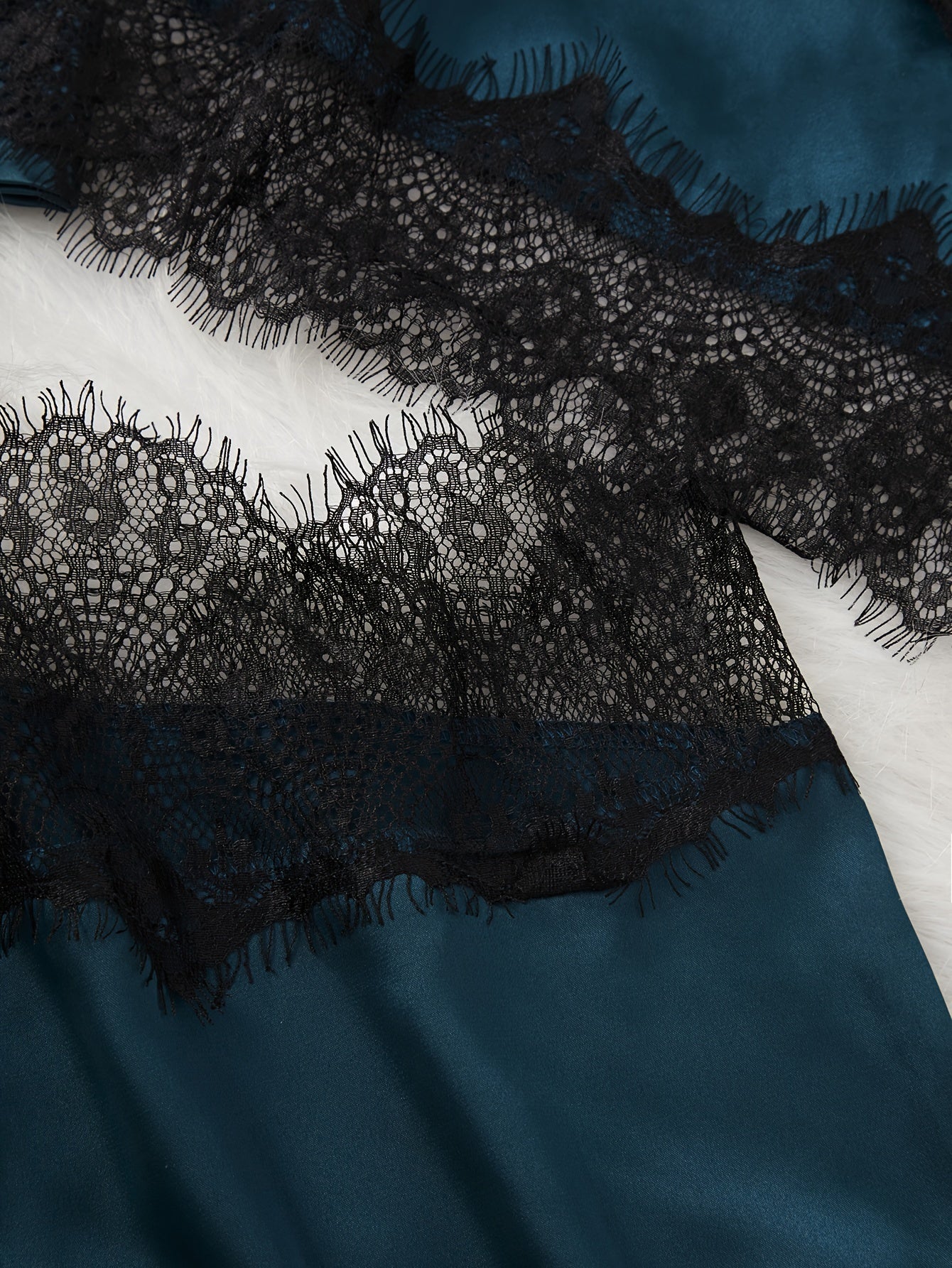 Color Contrast Lace Pajama Set for Women Satin Long Sleeve Fall Winter Elegant Micro Elasticity