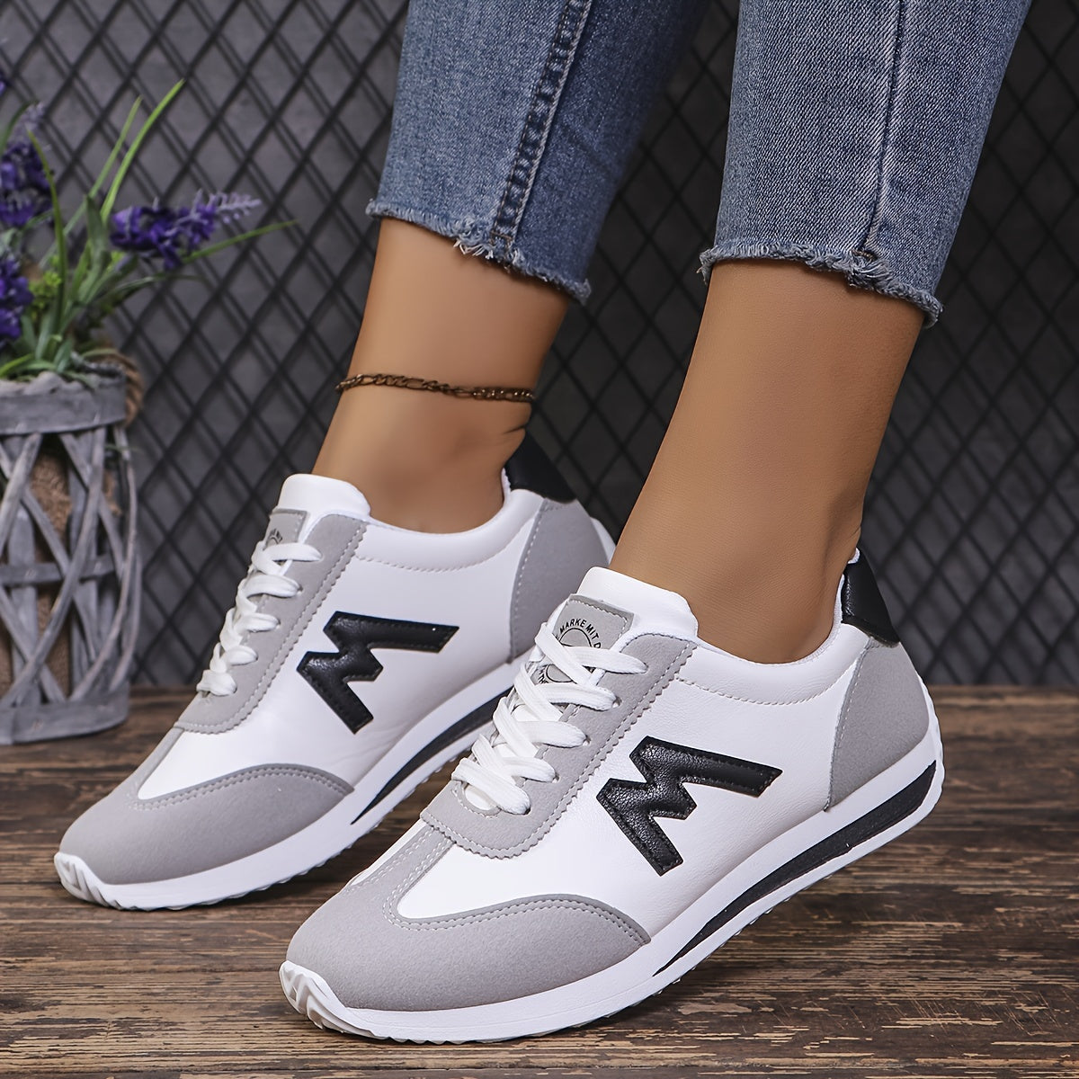 Women's Letter Pattern Sneakers, Casual Lace-Up Outdoor Shoes, Plus Size