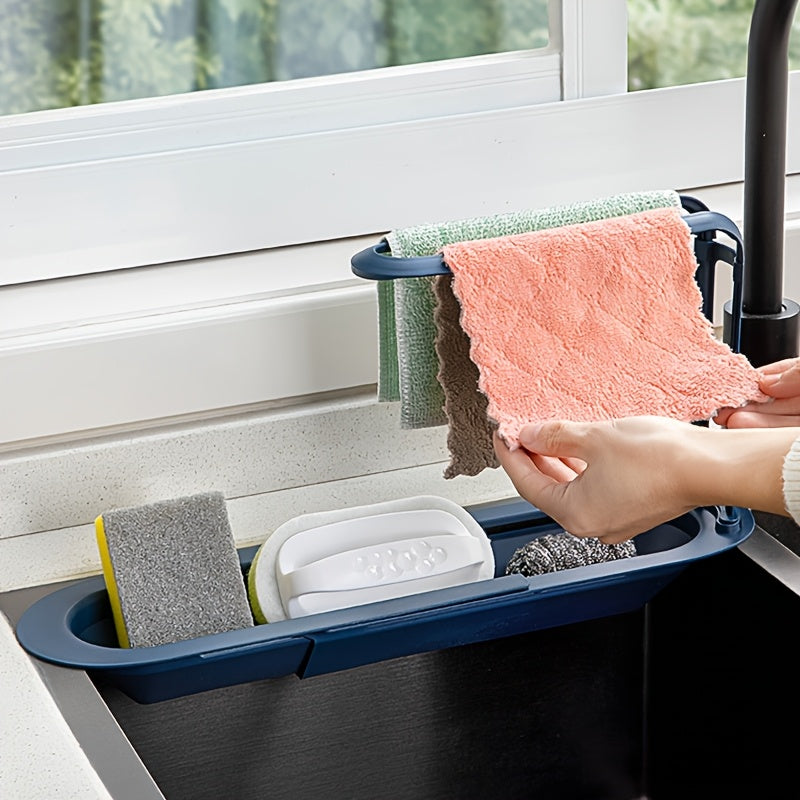 Organizador de fregadero de plástico con estante de secado ajustable sobre el fregadero y cesta de drenaje