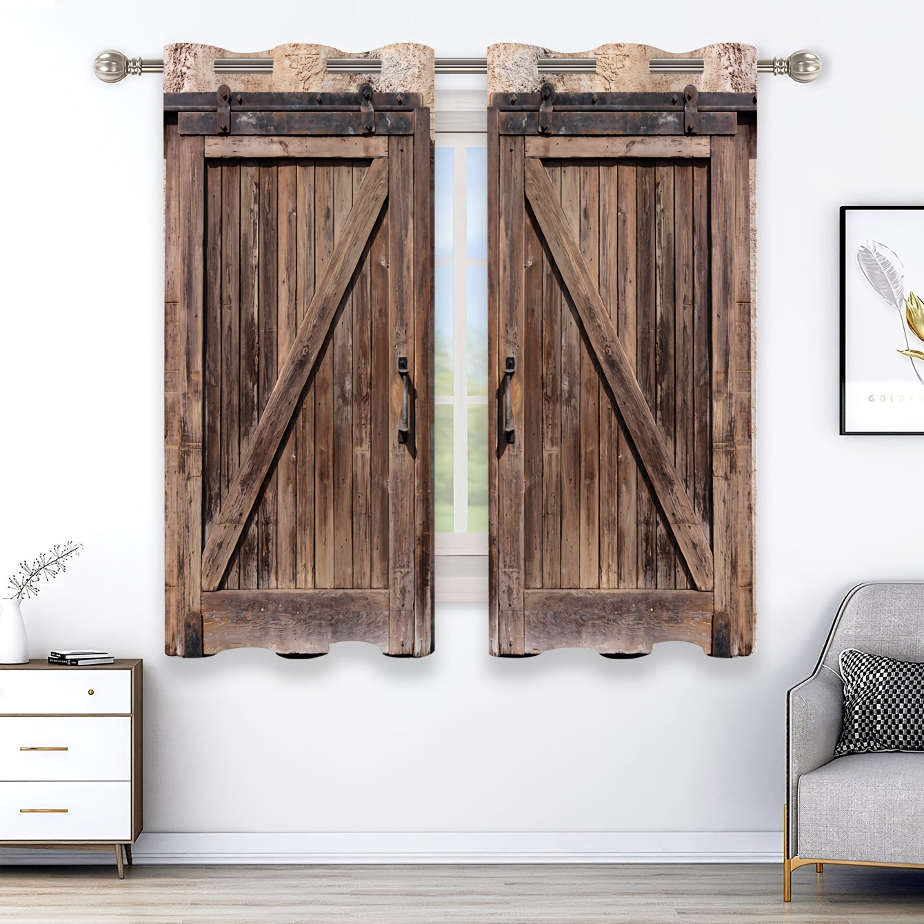 Set of 2 Rustic Wooden Door Design Curtains for Bathroom Living Room Bedroom Window Treatments