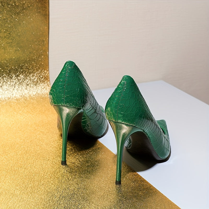 Women's Slim High Heels Shallow Mouth Snake Pattern Light Beige Toe Shoes