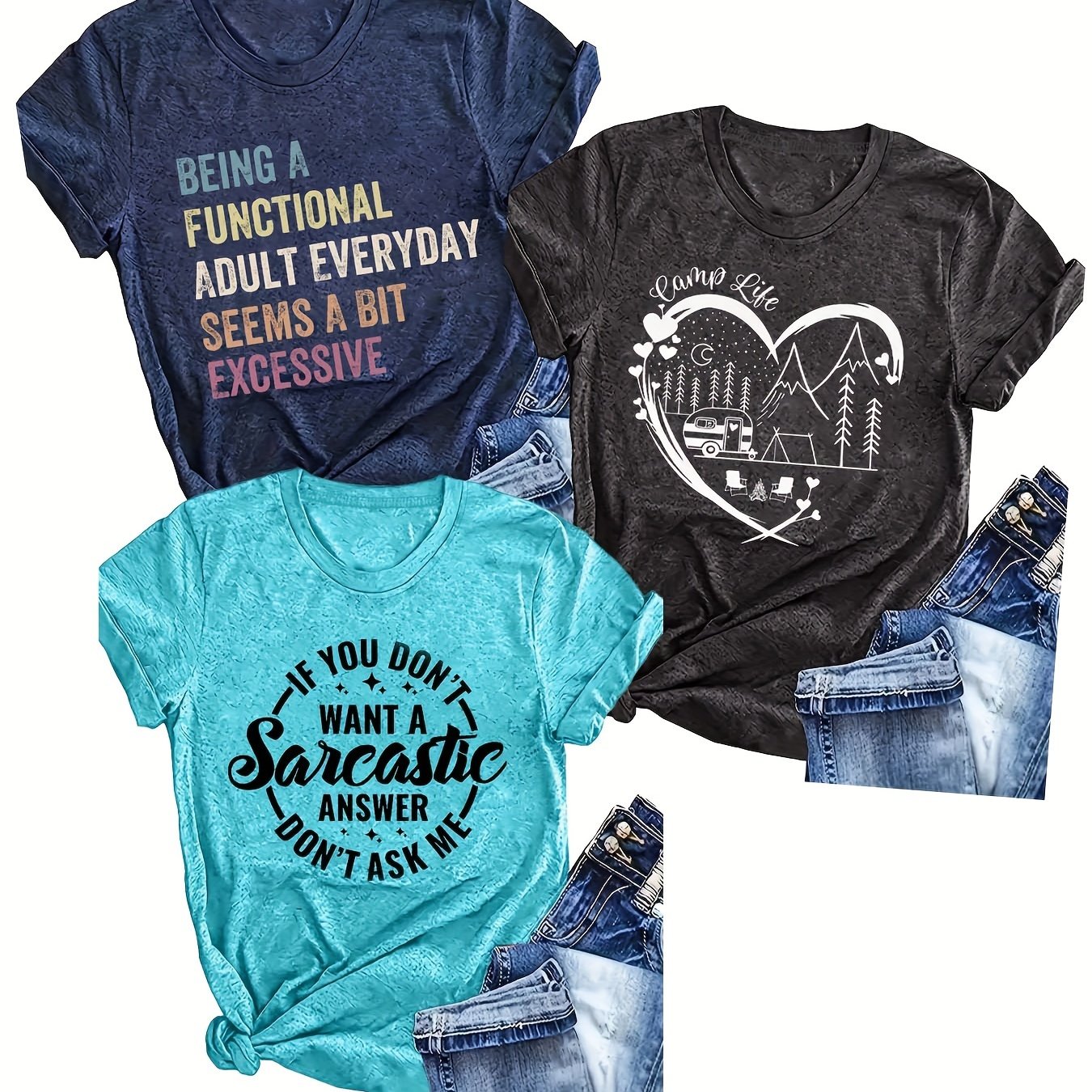 Women's Short Sleeve Graphic T-Shirts Pack with Humorous Quotes Navy Turquoise Black