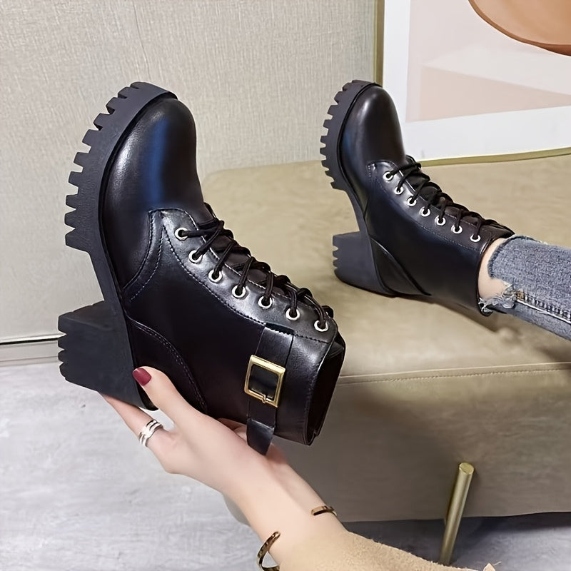 Women's Ankle Boots Black PU Platform Lace-Up High Heels Durable Sole
