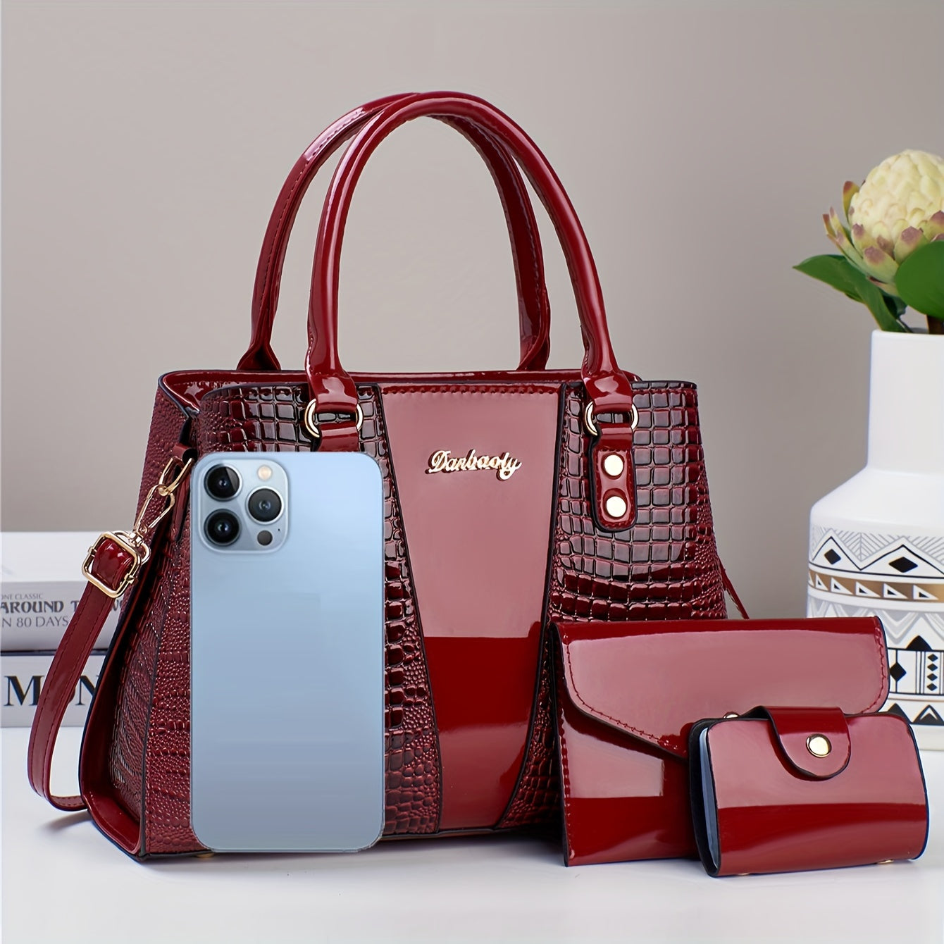 3-Piece PU Handbag Set with Crocodile Pattern Crossbody Shoulder Bag and Coin Purse