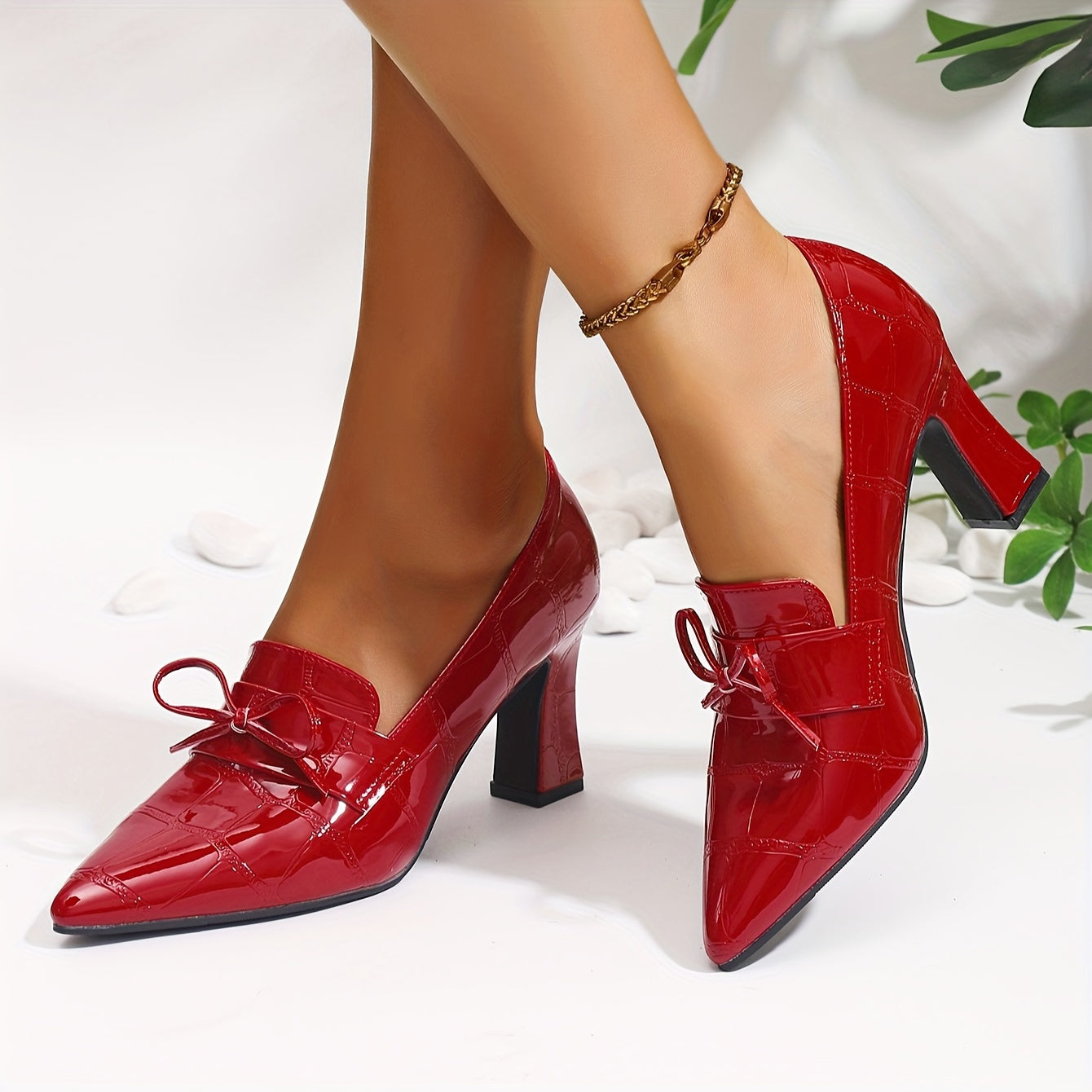 Women's Mary Jane Pumps Pointed Toe Bow Embellished Block Heel Shoes