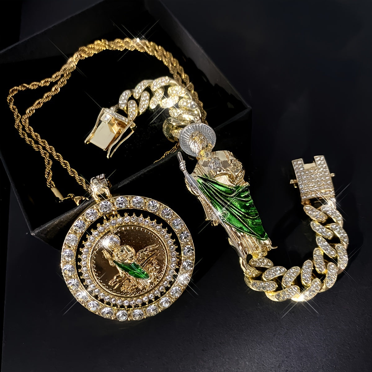 Unisex Jewelry Set Stainless Steel Religious Symbols Pendant and Bracelet with Green Enamel