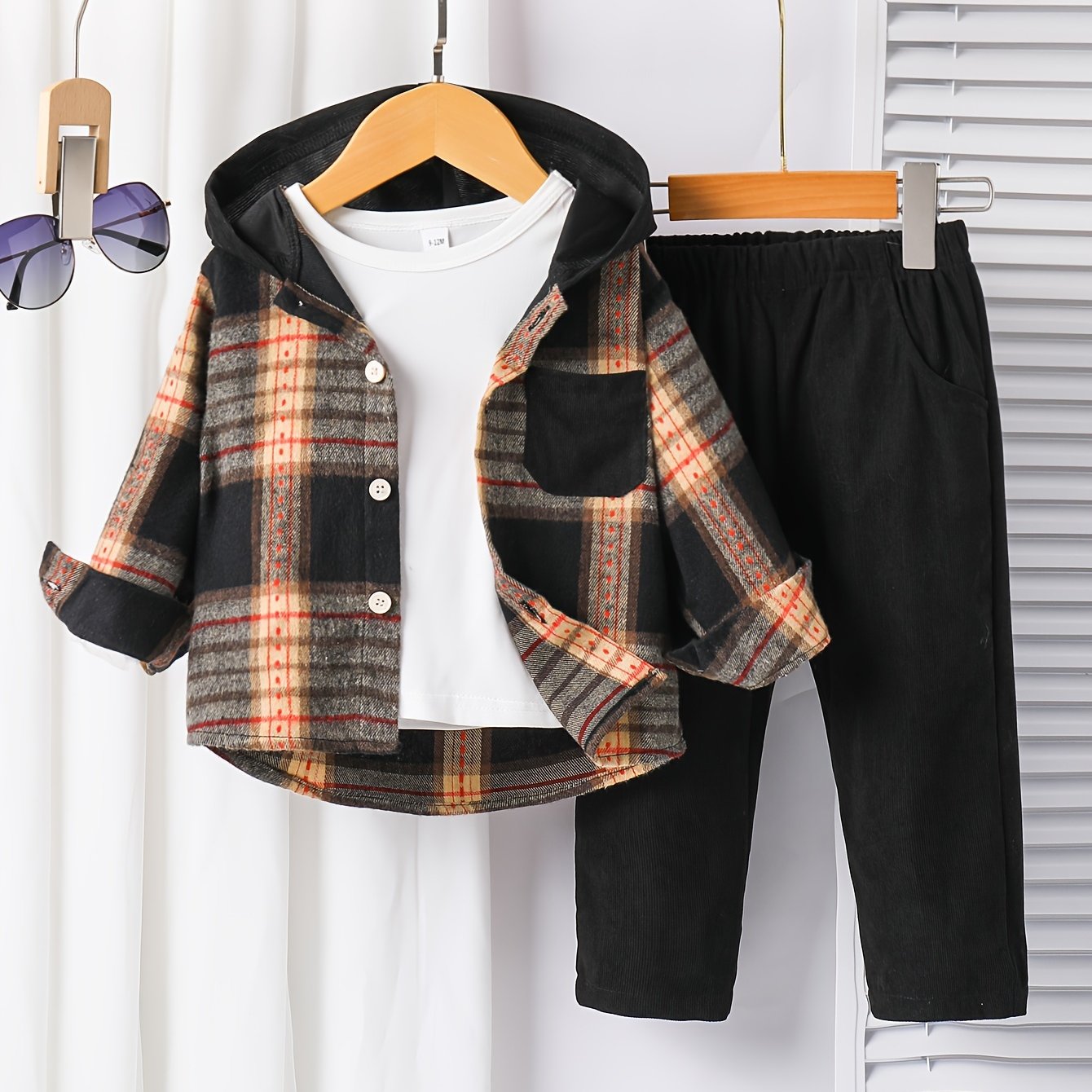 Boys Plaid Hooded Shirt and Pants Set Fall Winter Casual Polyester