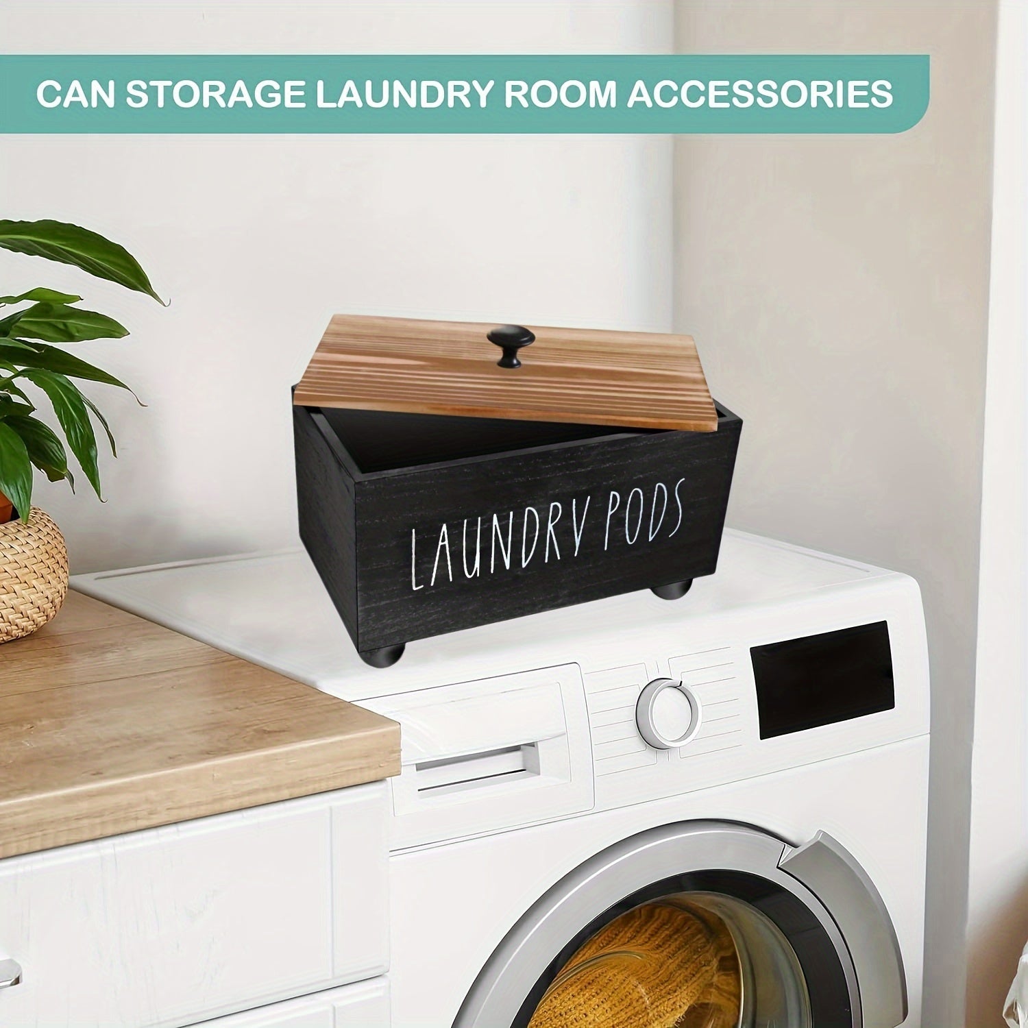 Contenedor de almacenamiento de ropa de madera con tapa y cuentas para organizar ropa y suavizante