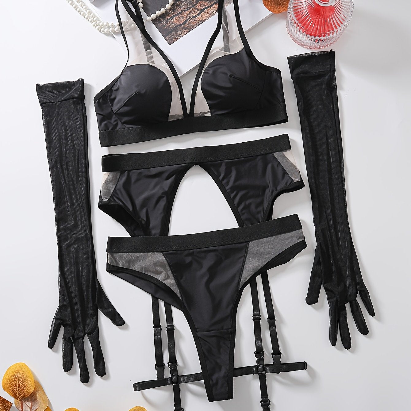 Women’s Mesh Patchwork Sexy Gloves Set for Party and Fashion