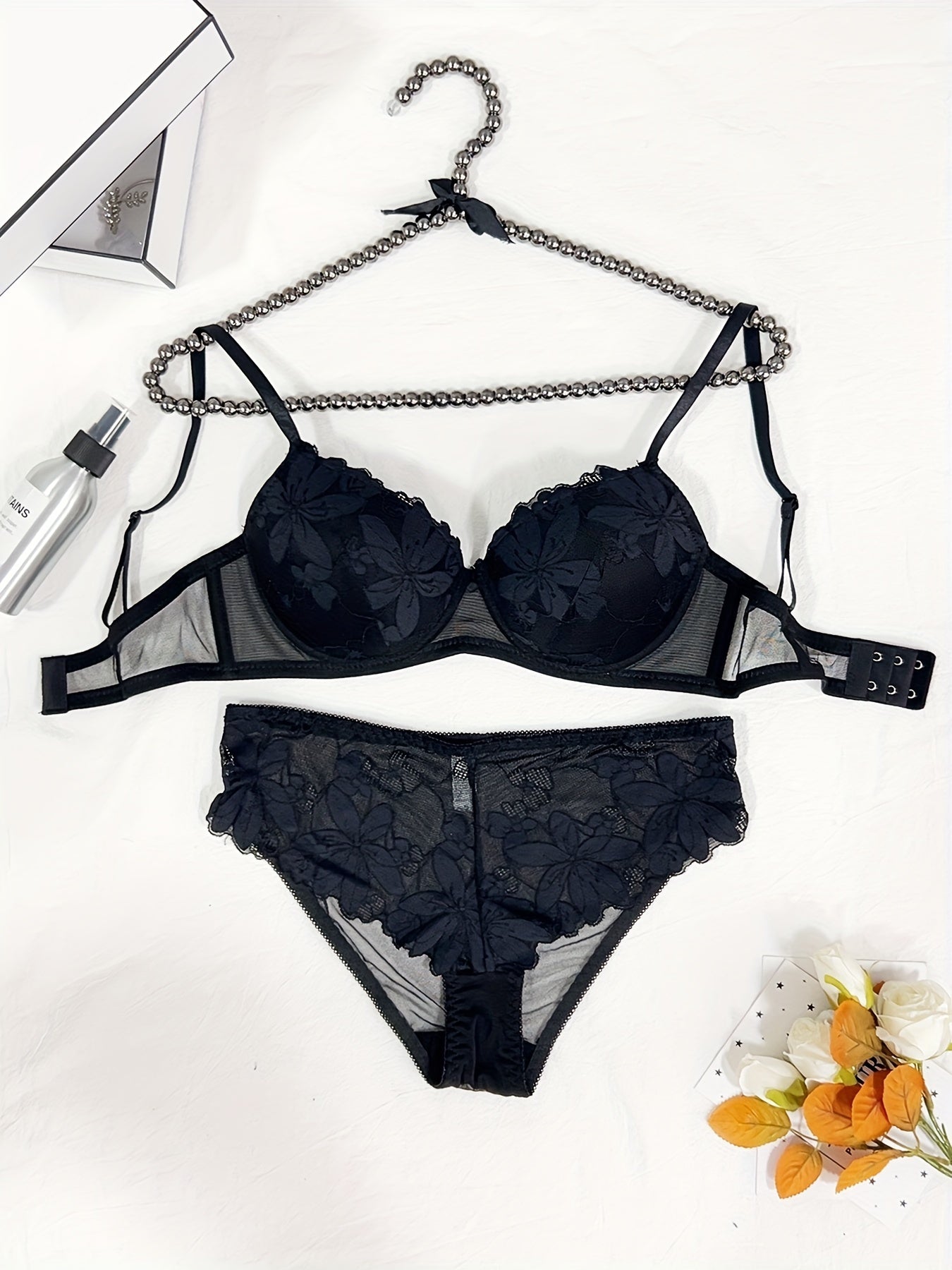 Women's Floral Embroidered Lingerie Set with Push-Up Bra and Thong
