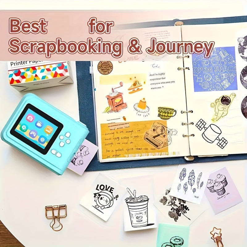 Portable Mini Camera Photo Printer with 6.1cm Screen USB Rechargeable 1080P Video 48MP MP3 Playback Thermal Monochrome Printing Smartphone Compatible