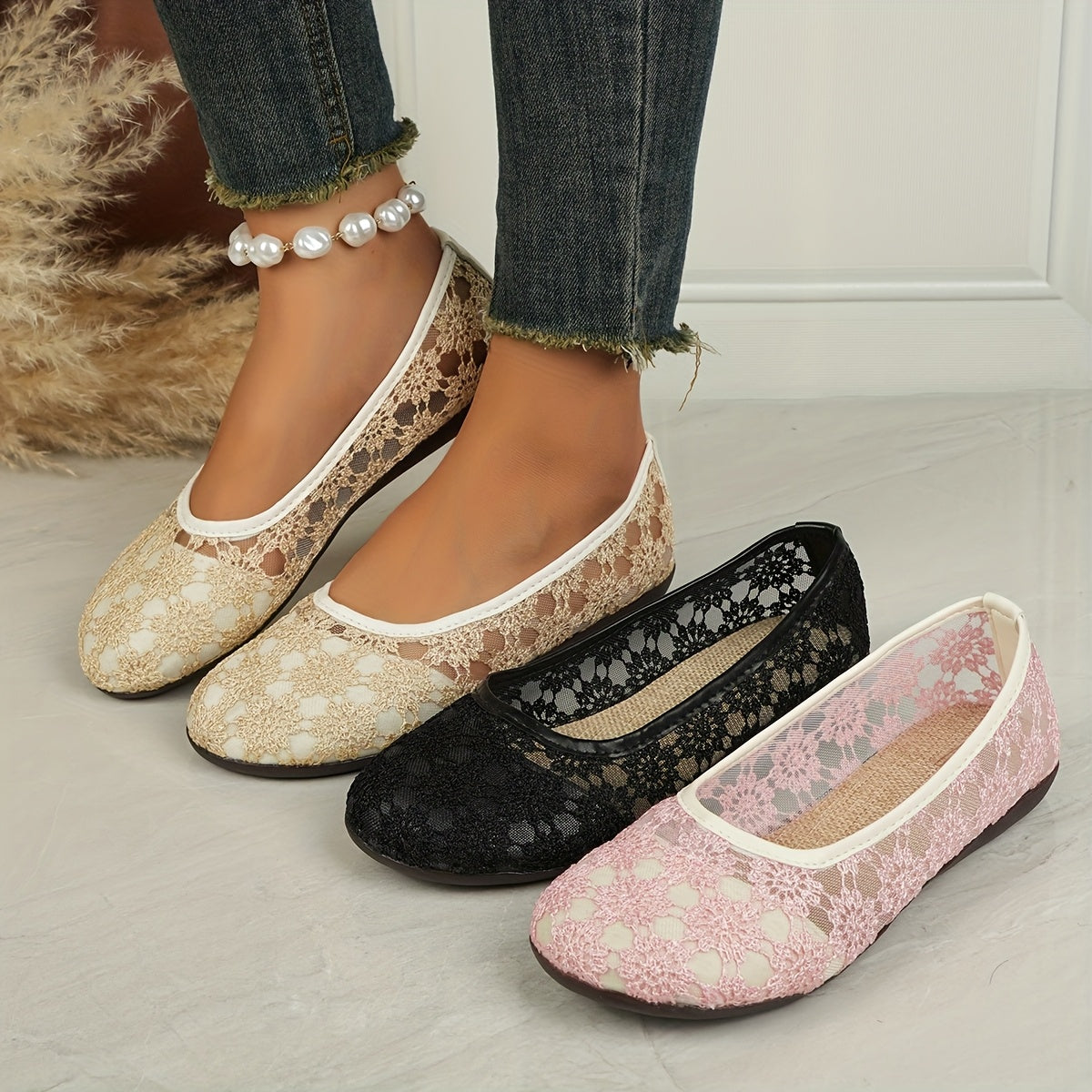 Zapatos planos de ballet para mujer con encaje floral, zapatos casuales transpirable sin cordones