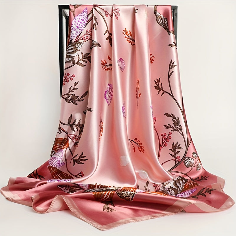Women's Satin Flower Print Square Scarf 89.99cm Sun Protection Windproof Shawl