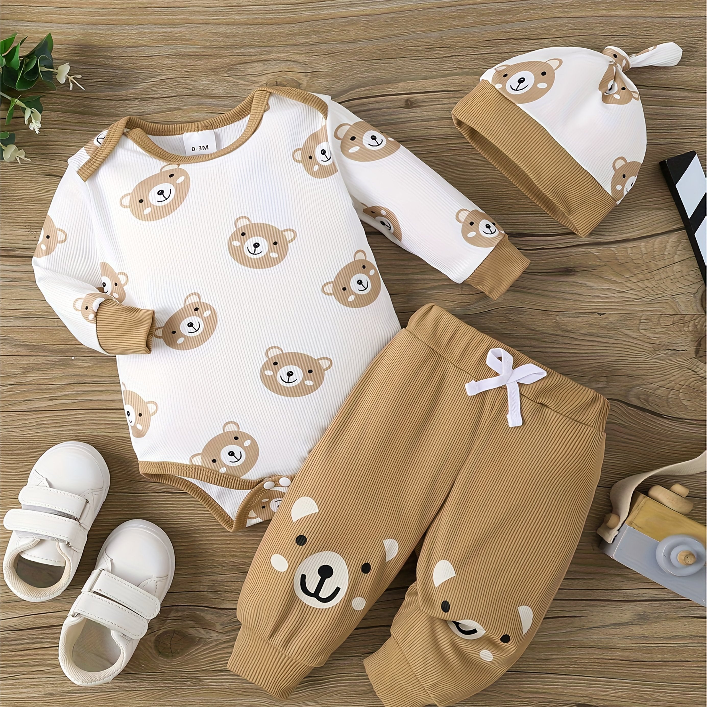 Baby Boy Cotton Bear Print 3-Piece Set Romper Trousers Hat for Newborns