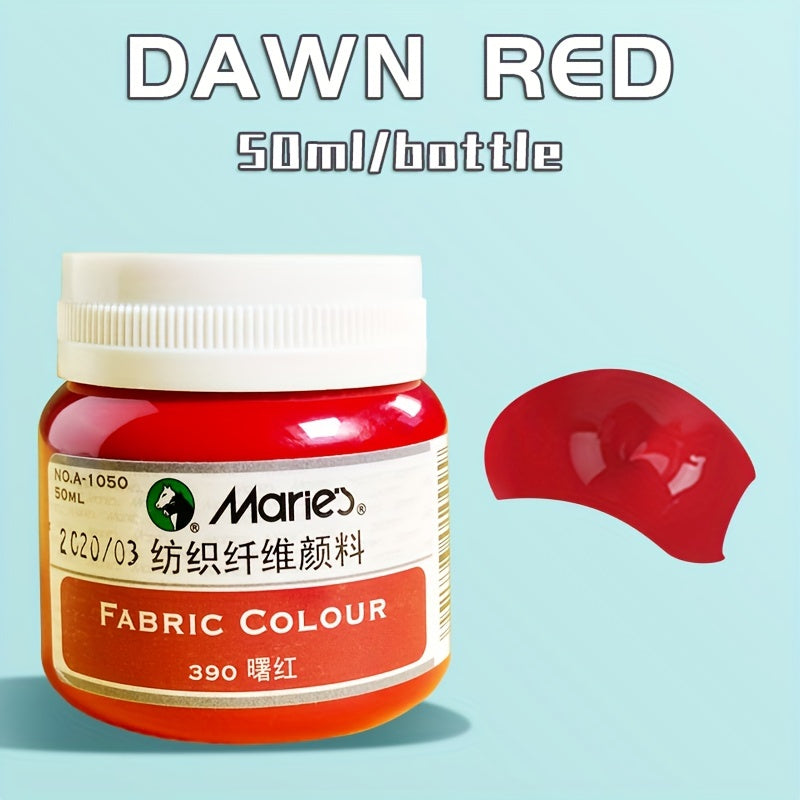 1 shisha Marie's Fabric Paint, 50ml - doimiy kiyim bo'yash uchun 12 rang mavjud. O'rta cho'tka kiritilgan. San'atkorlar va hunarmandlar uchun ideal. T-shirtlar, poyabzallar, jinsilar uchun mos.