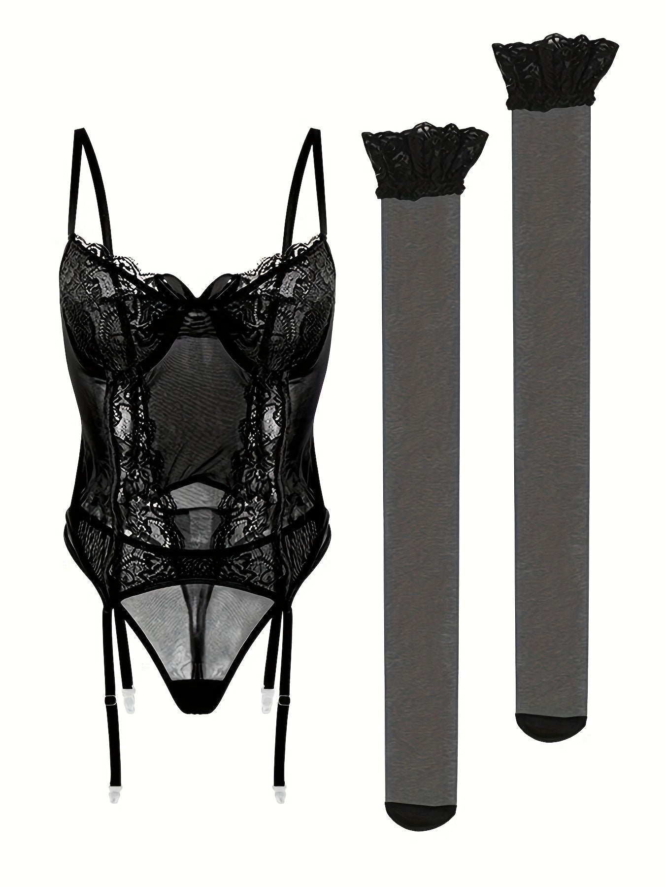 Binafsha ipli ichki kiyim to'plami: gullar bilan bezatilgan shaffof to'rli yuqori bel pantyhoselarni o'z ichiga oladi. Bayramga tayyor, jozibali ichki kiyim, katta o'lchamlarda.