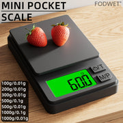 FODWET Mini Pocket Digital Scale 0.01g aniqlik bilan, zargarlik va oshxona uchun portativ. Batareya bilan ishlaydi.
