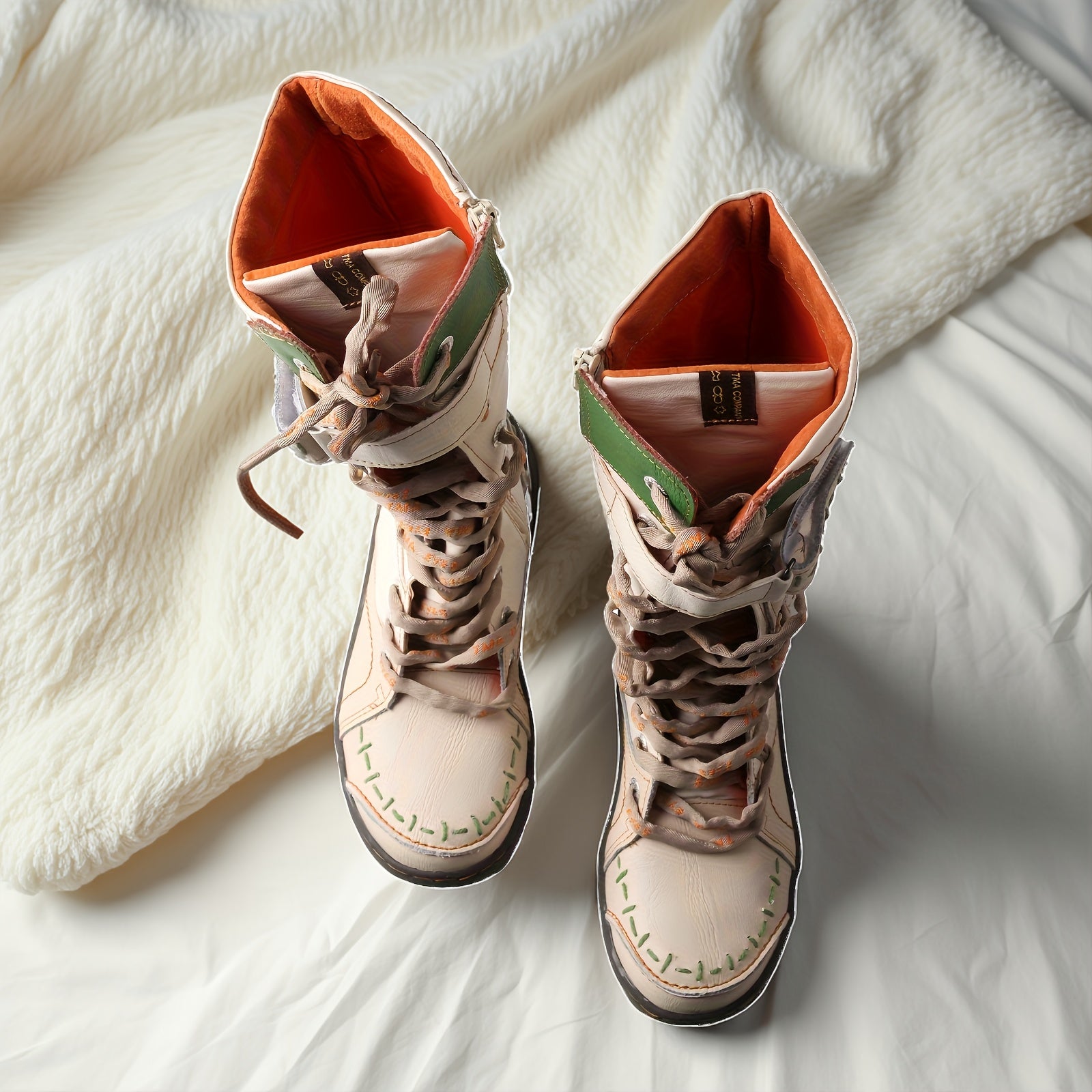 Women's High-Top Leather Lace-Up Hiking Boots with Colorful Accents