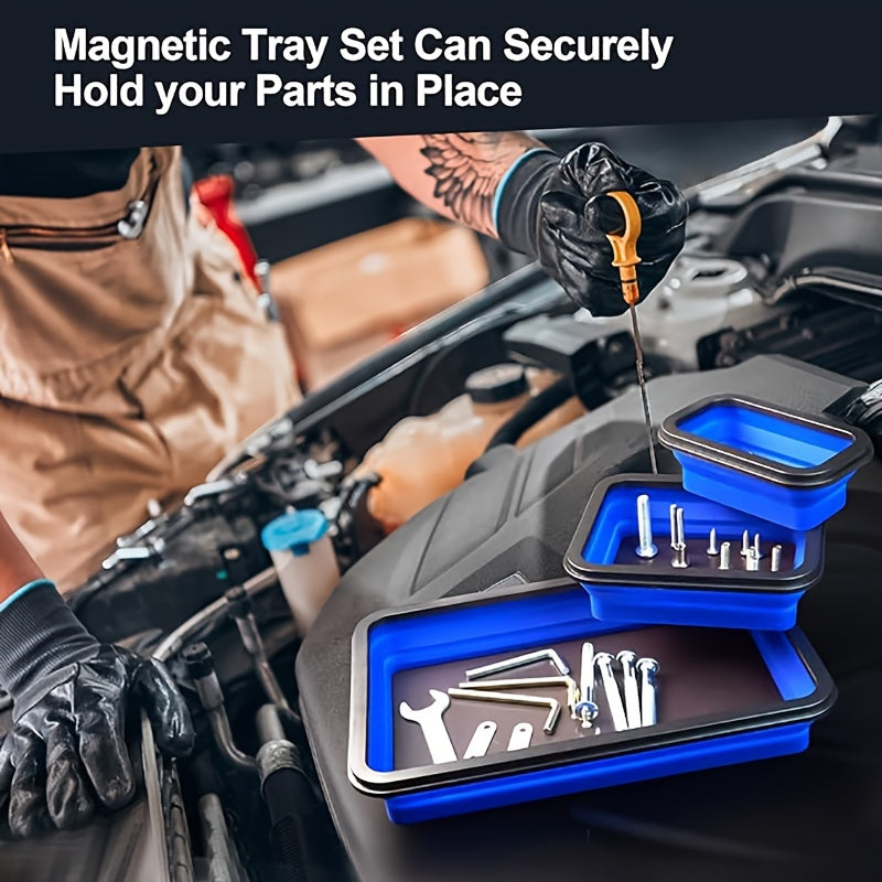 3Pc Magnetic Collapsible Parts Tray Set Silicone Tool Store Organizer