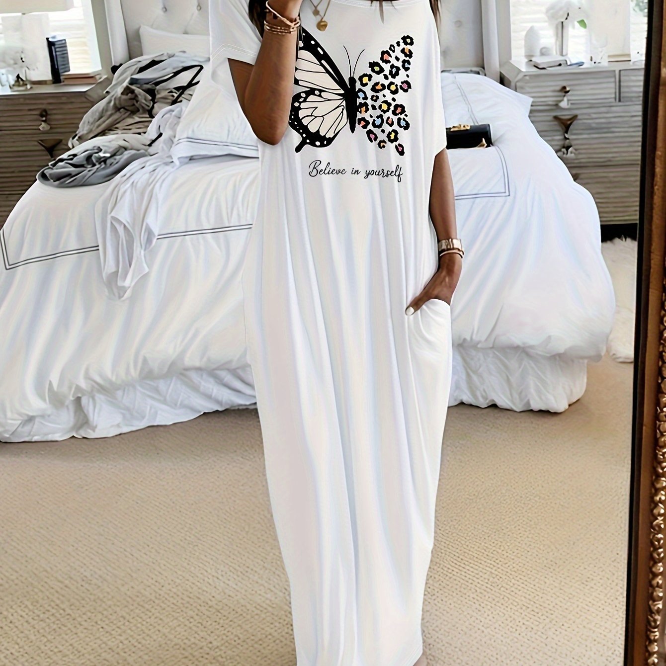 Ayollar uchun kapalak bosma lounge kiyi, qisqa qoʻl, kundalik uy kiyimi