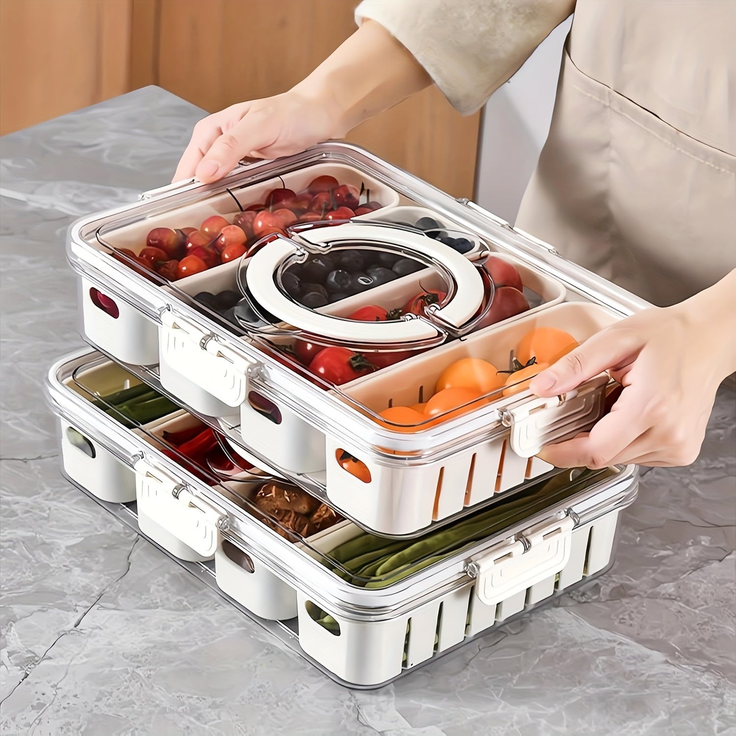 Single Serving Snack Tray with Lid Handle and Divider for Parties