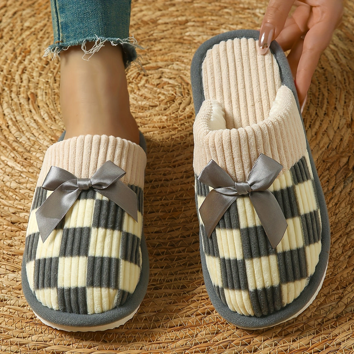 Unisex Plush Indoor Slip-On Slippers with Bow Accent Non-Slip EVA Sole