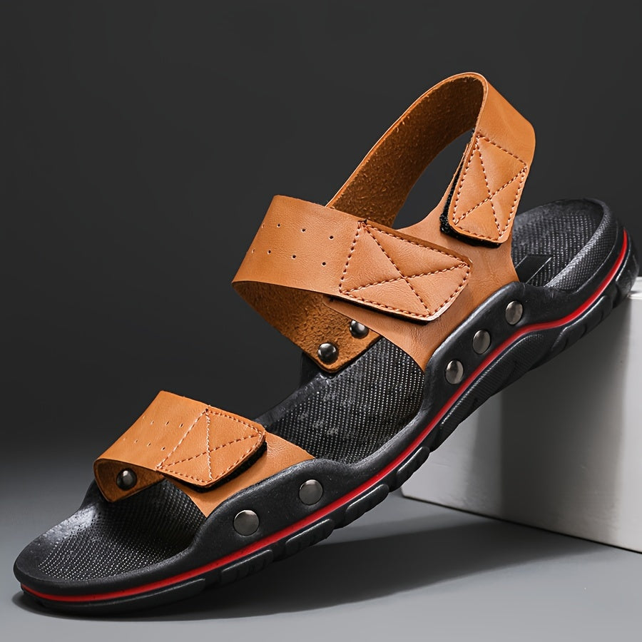 Men's Plus Size Solid Color PU Sandals with Hook-and-Loop Closure Rubber Sole