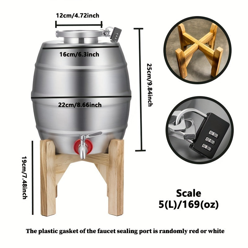 5L Stainless Steel Oval Wine Barrel with Tap Wooden Stand and Lock for Liquor Storage
