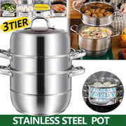 Three-Tier Stainless Steel Steamer Pot 27.94cm with Glass Lid for Vegetables and Dumplings