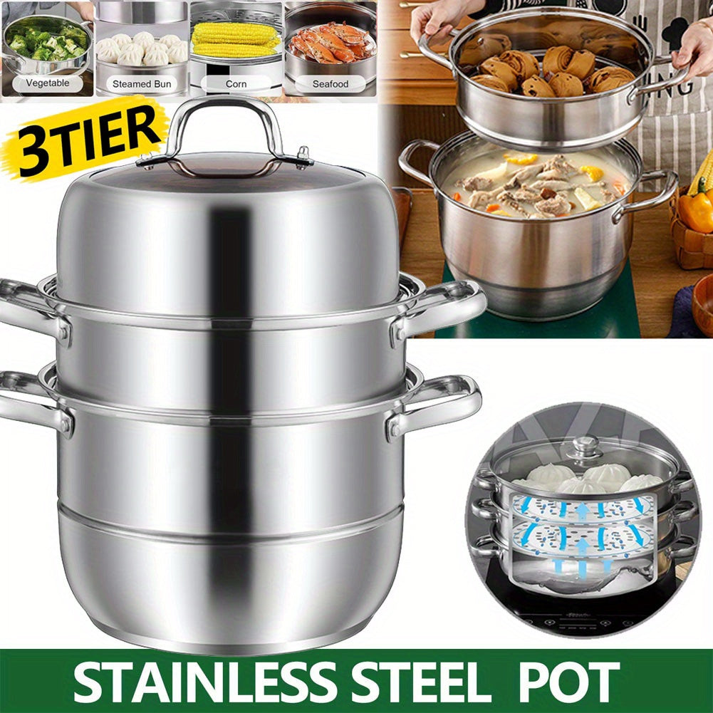 Three-Tier Stainless Steel Steamer Pot 27.94cm with Glass Lid for Vegetables and Dumplings