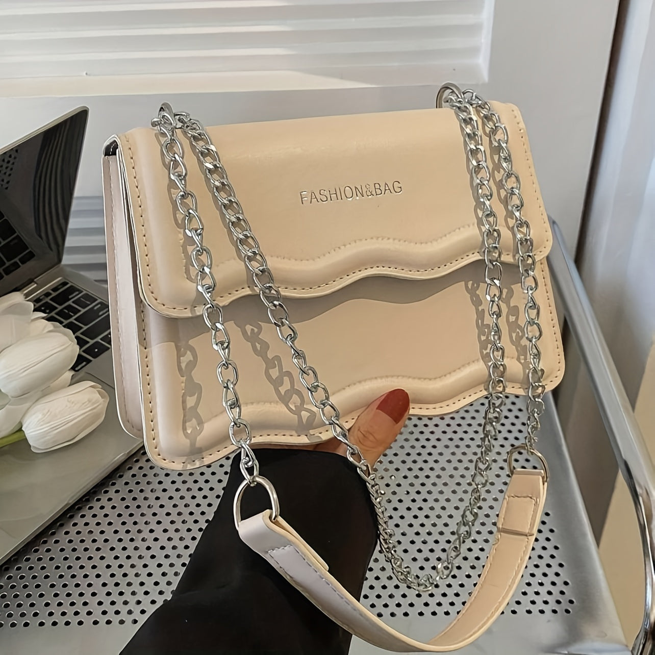 Small Square PU Crossbody Bag with Scallop Detail and Chain Shoulder Strap