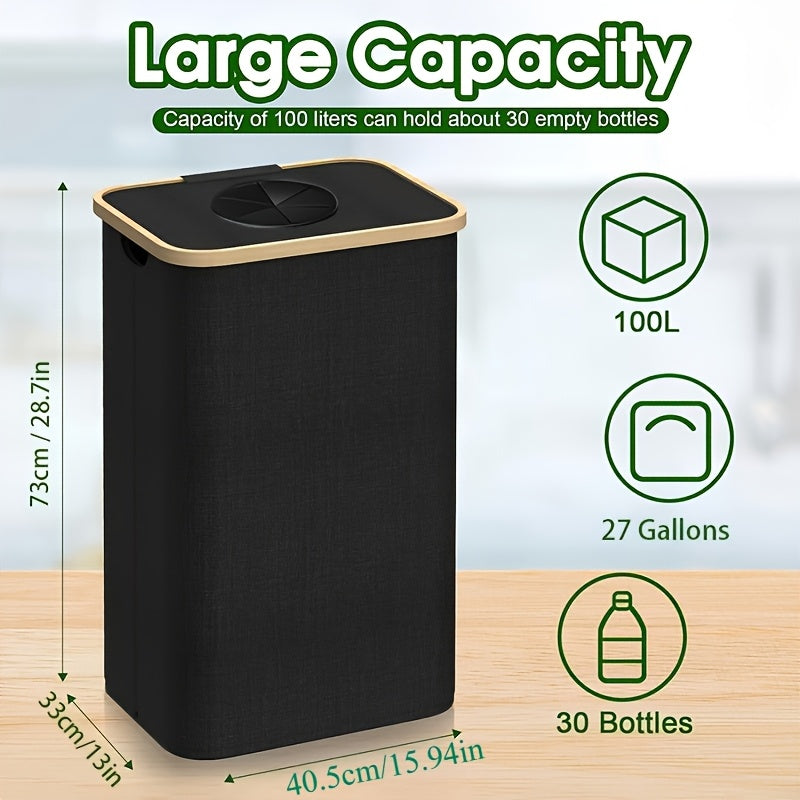 Bamboo Kitchen Recycling Bin 26 Gallon Capacity Removable Tote Bag Indoor Use